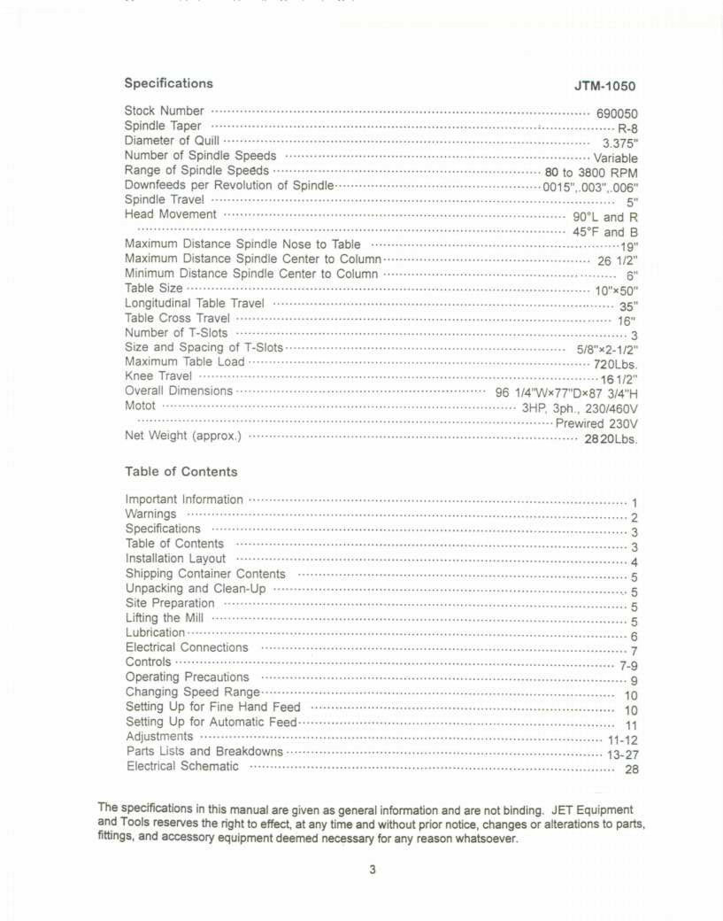 Jet JTM1050 Vertical Turret Mill Operator & Parts List Manual *211 eBay