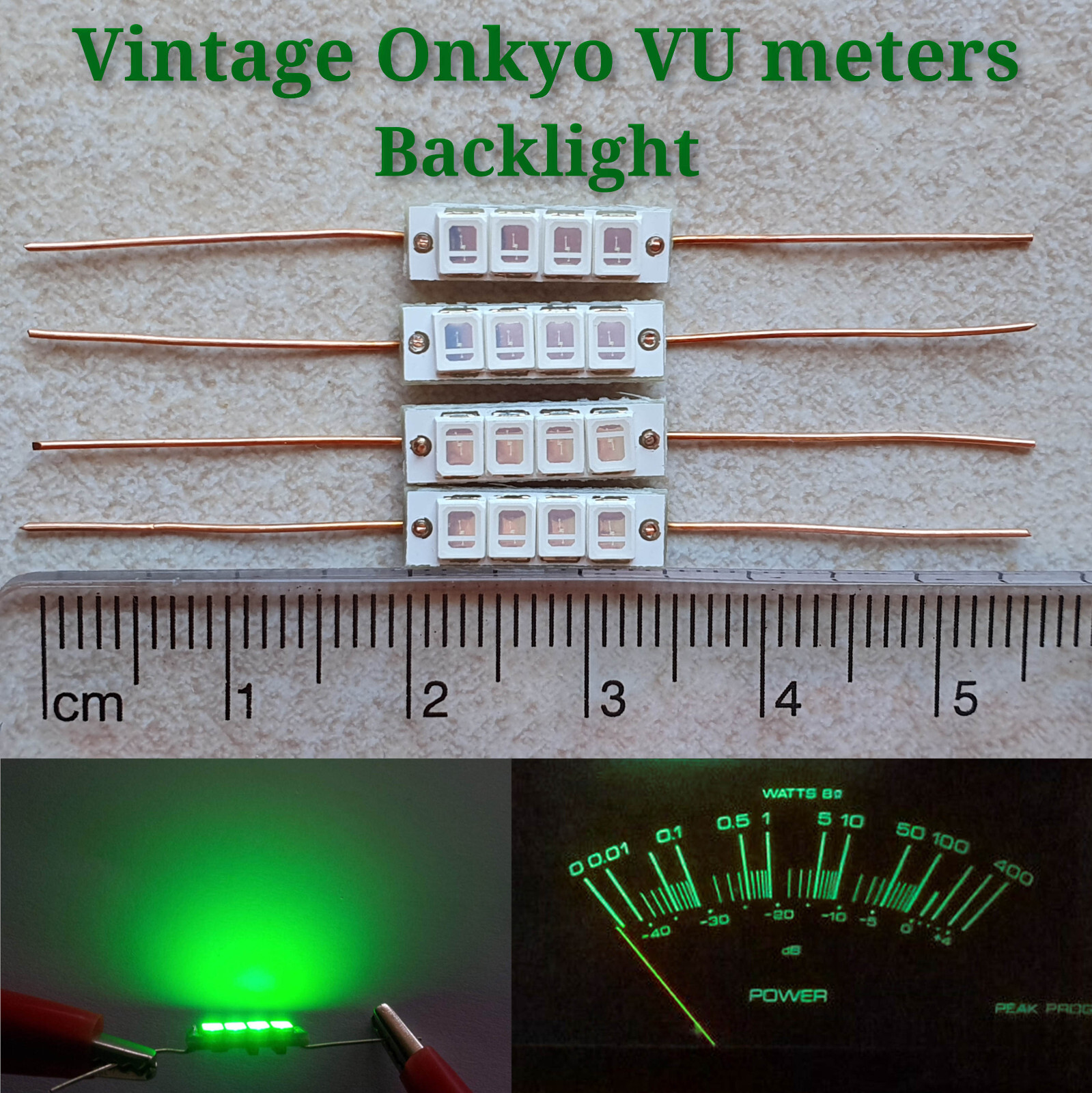 4pcs Vintage Onkyo M-504 Green Axial LED Lamp 14V 4.5x15mm Meter Light Upgrade