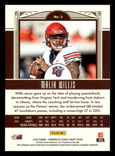 2022 Panini Chronicles Legacy Draft Picks #2 Malik Willis RC - Picture 2 of 2
