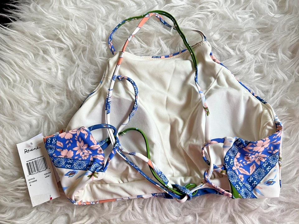 Juniors S Small Bikini Top Blue Floral Crisscross Bralette Swimwear  - Image 4 of 4