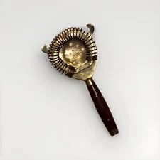 Vintage MCM Cocktail Gold Tone Metal Strainer Riveted Wood Handle