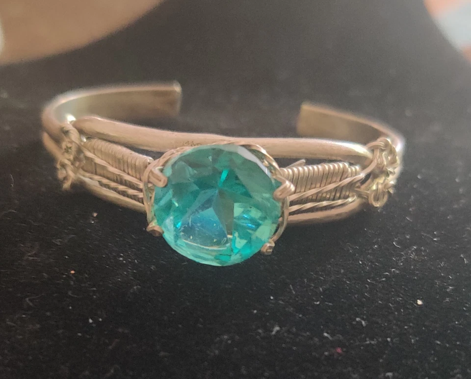 Blue Topaz Oval Gemstone Silver Plated Handmade Bangle Bracelet Vintage 1980s - Image 2 of 4