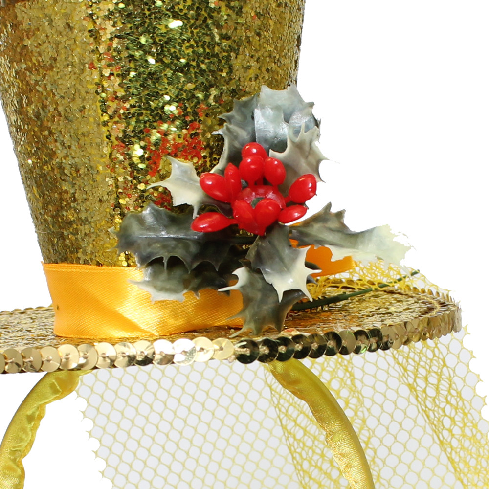 LADIES GOLD MINI GLITTER TOP HAT HEADBAND WITH CHRISTMAS HOLLY XMAS