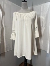 Win Win Women's White Tunic Top Blouse With Lace Bell Sleeves L / XL