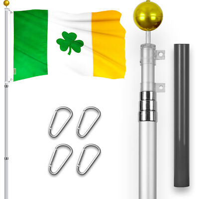 Combo: 16Ft Telescoping Flagpole Silver & Ireland Irish Shamrock Flag 3x5 Ft Emb