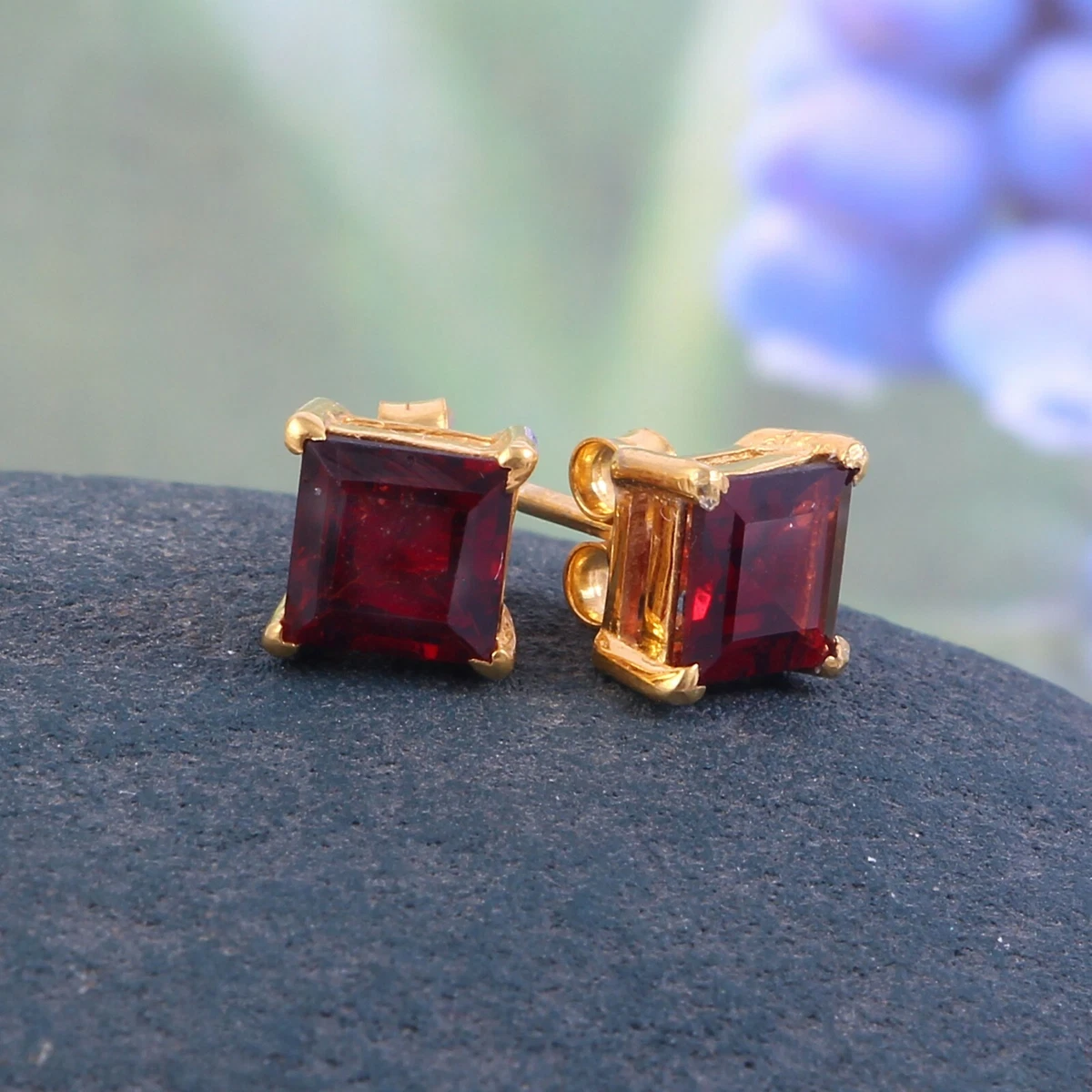 Natural Garnet Stud Earrings Delicate Tiny Small Simple 18k Gold
