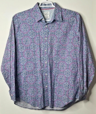Society Of Threads Comfort/Slim Fit Long Sleeve Button Up   Blue/Pink   XLarge