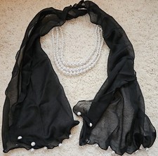 NWT Nine West Sash, Belt, Scarf, Necklace Sheer Black w/Faux Pearl 28 RV