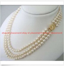 3 Rows 7-8mm Genuine White Cultured Pearl Necklace 17-19"