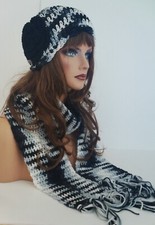 NEW BLACK WHITE GRAY MULTI FLOWER HAT AND SCARF SET HAND MADE BEANIE SKULL CAP