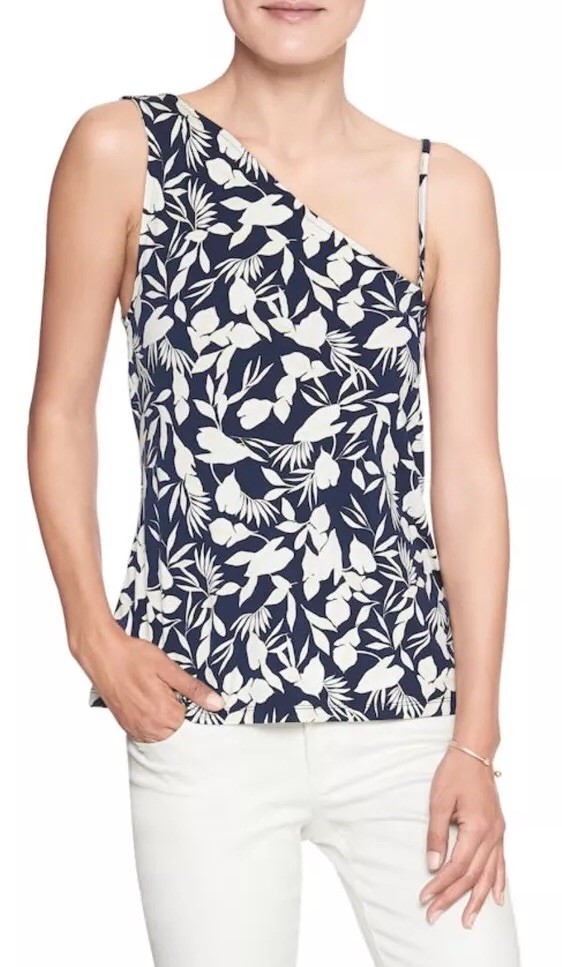 Haut Une Épaule Banana Republic Imprimé Floral Noir & Blanc - Taille XL Femme Neuf Avec étiquette