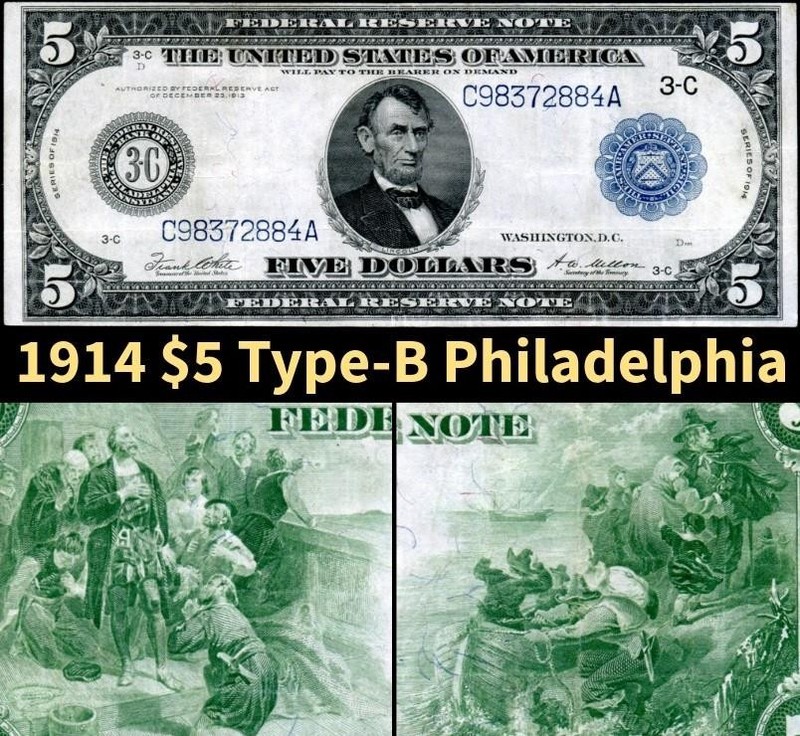 HGR SUNDAY 1914 $5 Philadelphia ((RARER Type-B)) VERY LIGHTLY CIRCULATED