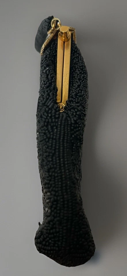 Vintage Black Bead Evening Bag  W/Scalloped Closure-Handmade Hong Kong 7"x 10” - Image 3 of 4