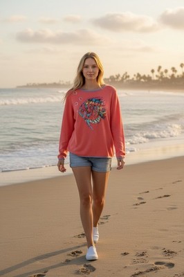 Vintage Michael Simon  Silk Blend Sequin Tropical Fish Print Top Size XL Coral