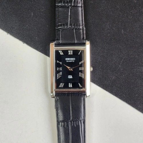 Vintage Seiko Slim Tank Quartz Men Black Dial Dress Watch-Free Shipping