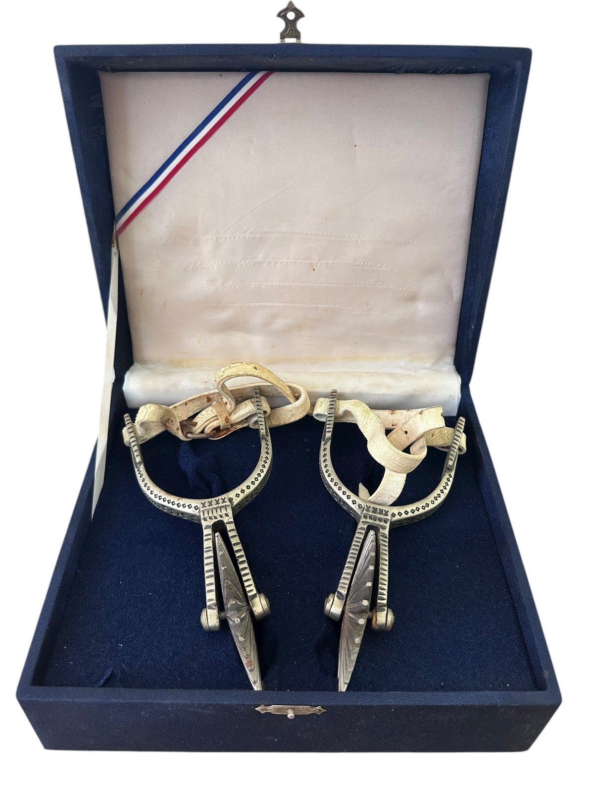 Vintage Hand Engraved Western Spurs Pair w/ Leather Straps in Display Box