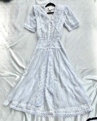 Vintage Jessica McClintock Lace Prairie Dress Blue Tea Length Sailor Collar Sz 4