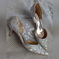 Badgley Mischka Ginny Ivory Satin Silver Wedding Heels 6.5