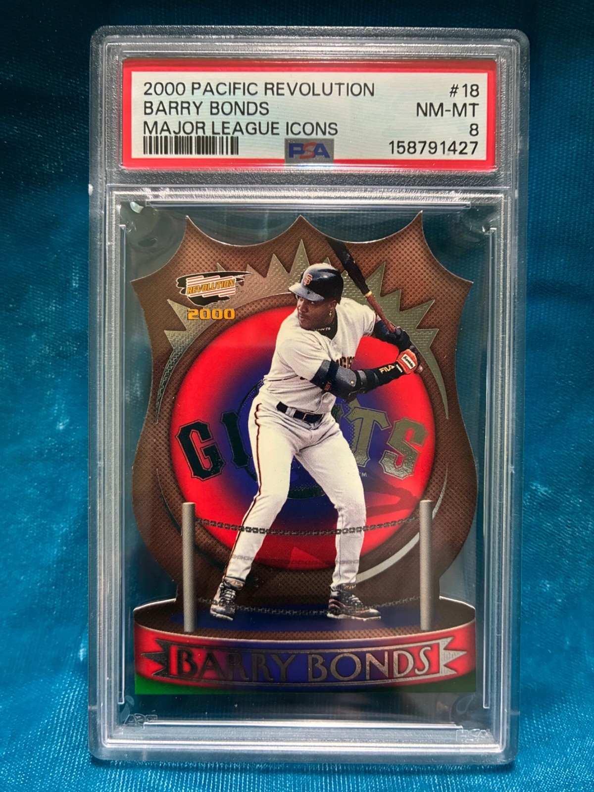 PSA 8 Pop 3 None ^ 2000 Pacific Revolution MLB Icons # 18 Barry Bonds Die Cut view 1