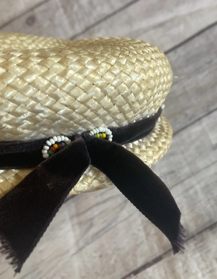 Vintage  Straw Pillbox Woven Hat Braided 50s 60s Velvet Ribbon With Beads 22 MSC - Image 3 of 4