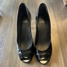 Stuart Weitzman Black Patent Leather Peep Toe Stiletto Slip On Heels Women