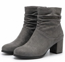 Womens Block Heel Boots Ladies Grey Ankle Low Heel Zip Up Boots UK Size 3-8
