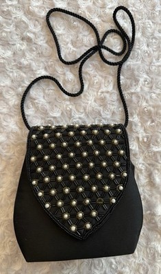 Vintage Black Satin Towanny Evening Purse With Faux Pearls And Beads
