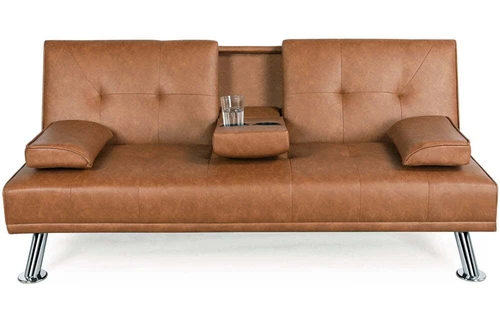 Renwick LuxuryGoods Modern Faux Leather Futon with Cupholders and Pillows, Brown - Picture 2 of 3