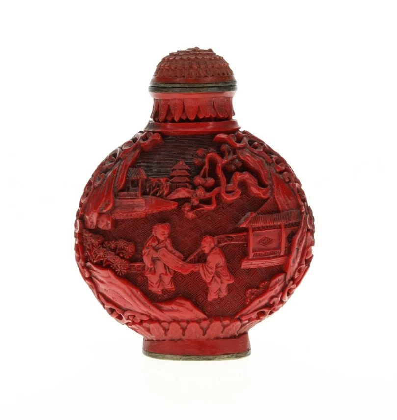 亚洲鼻烟瓶红色辛纳巴漆树脂树人宝塔标记雕刻 — 第 4/4 张图片