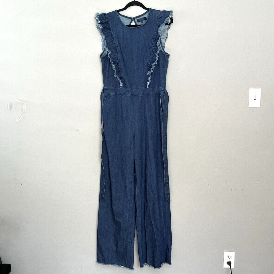 Mono vaquero con volantes Rachel Roy mameluco mangas cortas talla 12 elástico piernas anchas Foto 3 de 4