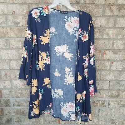 VISION Blue Floral Open Front 3/4 Flutter Sleeve Kimono (Womens Medium)