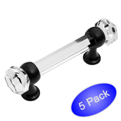 *5 Pack* Cosmas Cabinet Hardware Flat Black Handle Pull w Clear Glass #6393FB-C