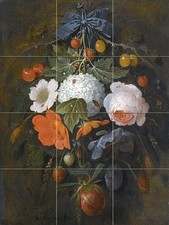 A FESTOON OF FLOWERS AND FRUIT Tile Mural Bathroom Wall Backsplash Art 12.75x17