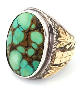 Authentic Turquoise & Sterling Silver Statement Ring Gold Plated Accents Fine Jewellery
