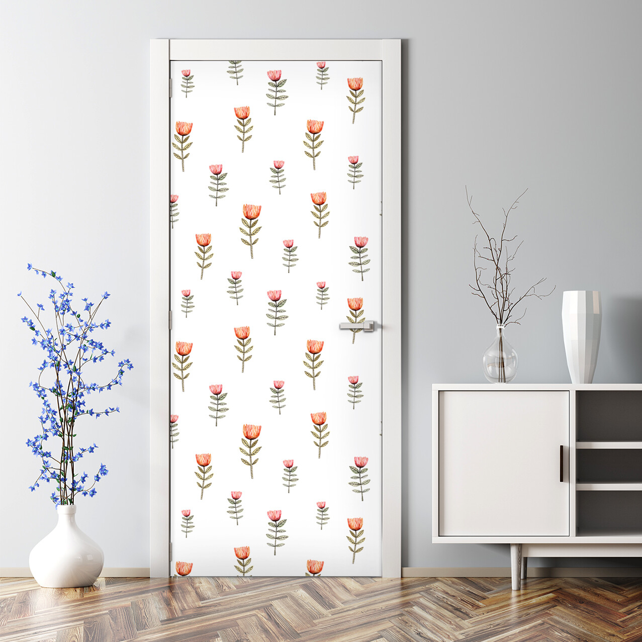Red and white bubble-free door sticker with little flowers for home decor