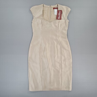 Max Mara Studio Damen Kleid Beige 12 UK Etui V-Ausschnitt Baumwolle Seide