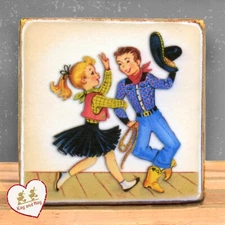 Western Dancing Cowboy and Cowgirl vintage style shelf sitter wood sign WB-96