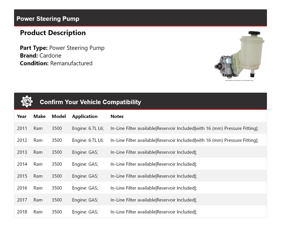 Bomba de dirección asistida Cardone para Ram 3500 2011-2018 2012 2013 2014 2015 2016 2017 Foto 2 de 4