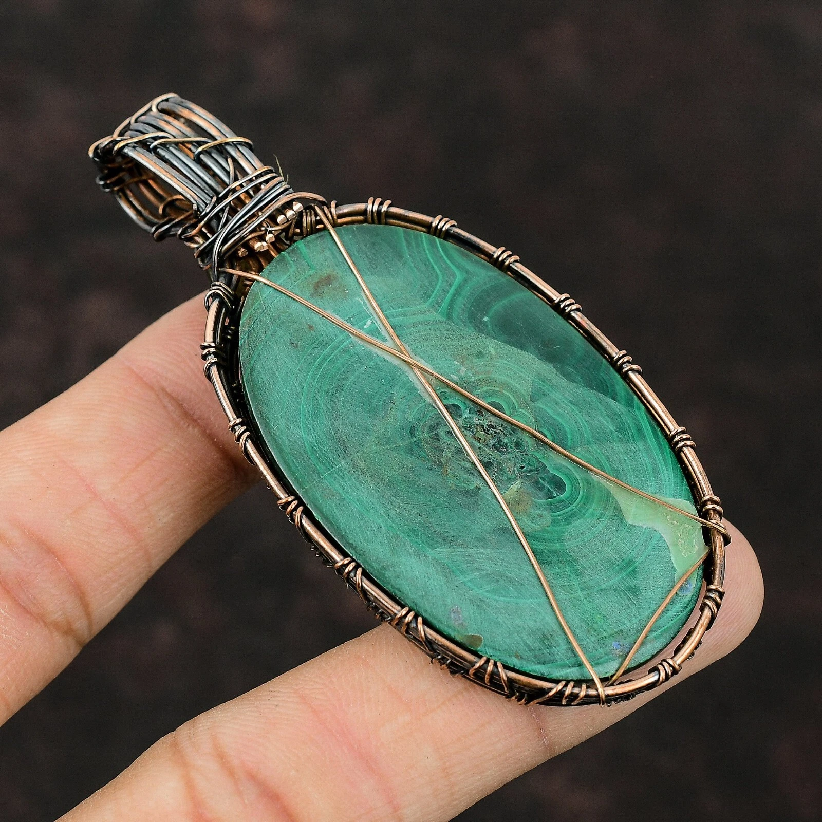 Gift For Her Russian Malachite Wire Wrapped Pendant Copper Jewelry 3.15" - product detail image 3