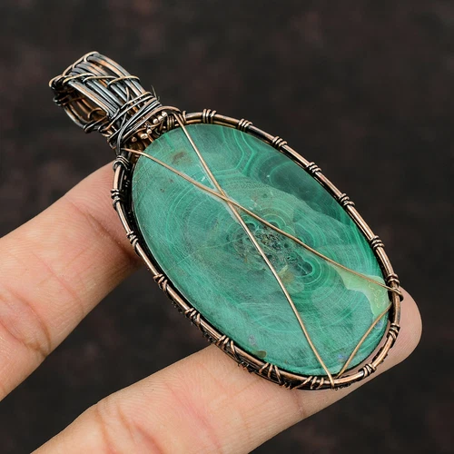 Gift For Her Russian Malachite Wire Wrapped Pendant Copper Jewelry 3.15" image 3