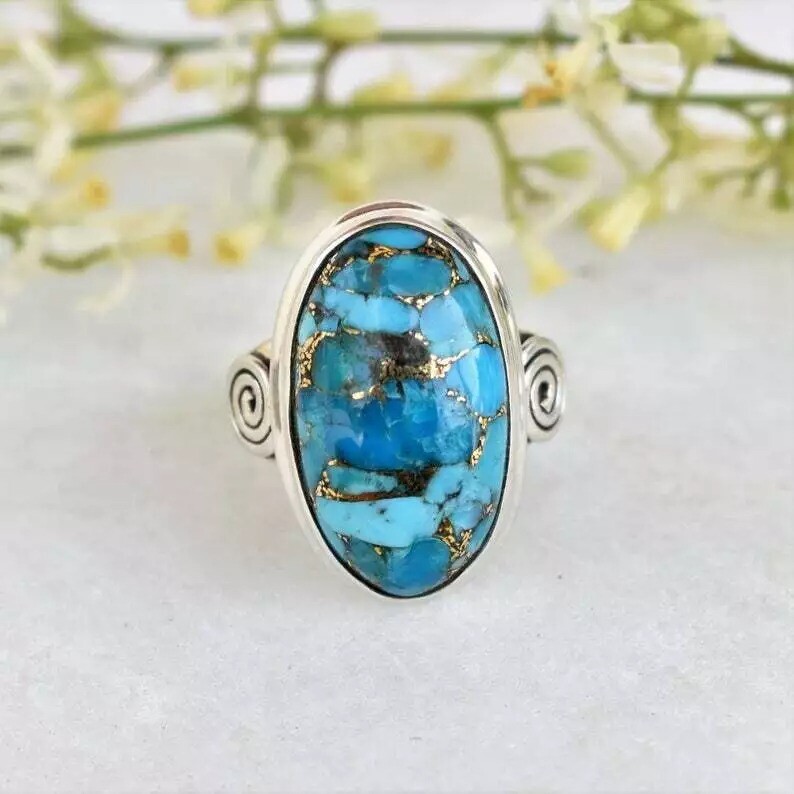 925 Natural Turquoise Gemstone Silver Handmade Ring Women Gift Jewelry