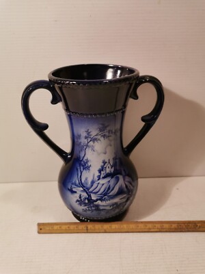 DH II antike englische blaue Vase mit zwei Henkeln Landschaftsdesign