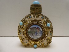 VINTAGE CZECH GLASS BRASS FILIGREE TURQUOISE SET CAMEO PERFUME SCENT BOTTLE