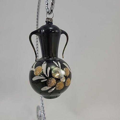 Vtg Blown Glass Urn Vase Christmas Ornament Black with Floral Stencil Germany - Picture 7 of 9