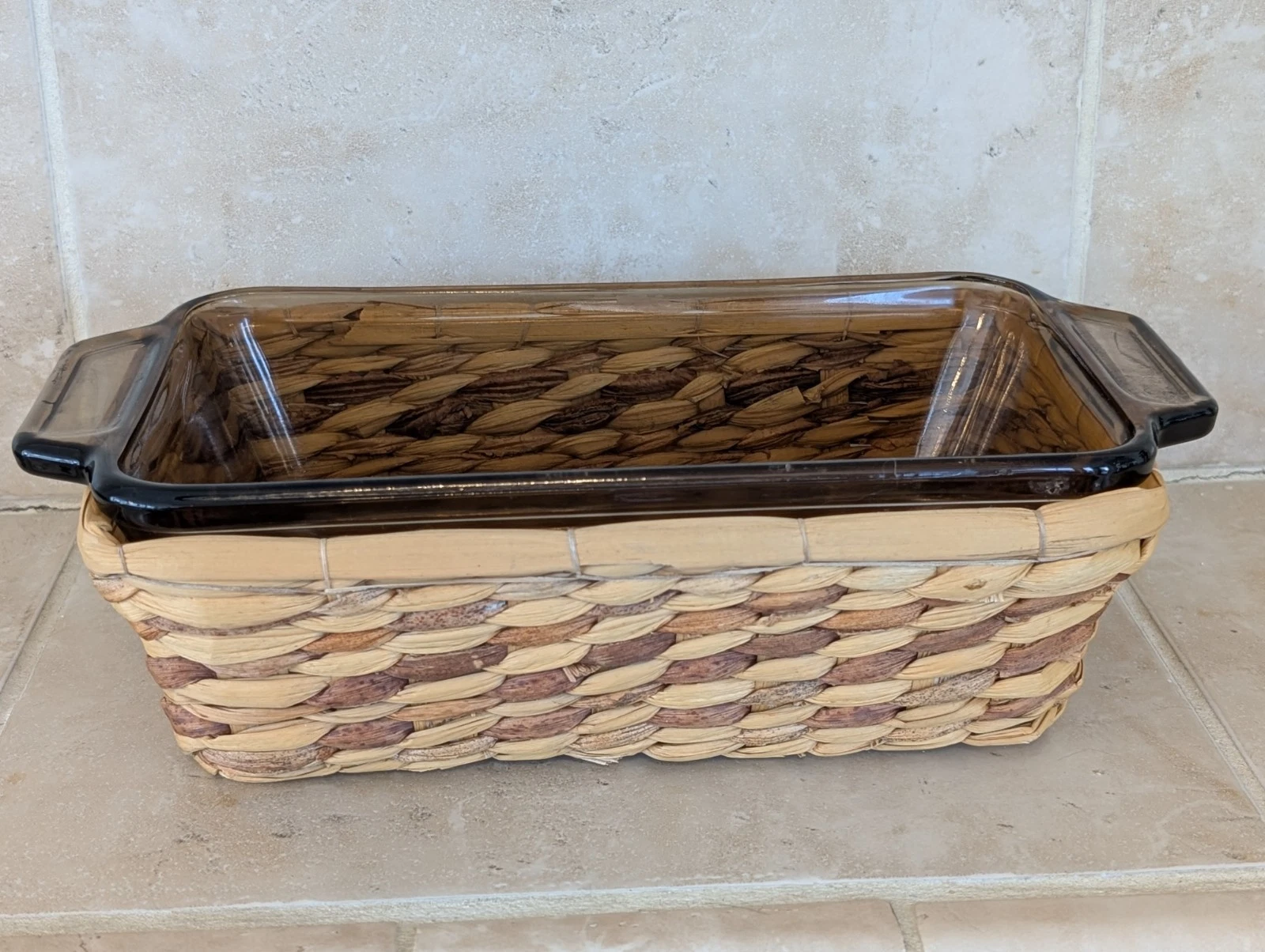 Vintage Anchor Hocking Loaf Pan with Woven Basket, Brown