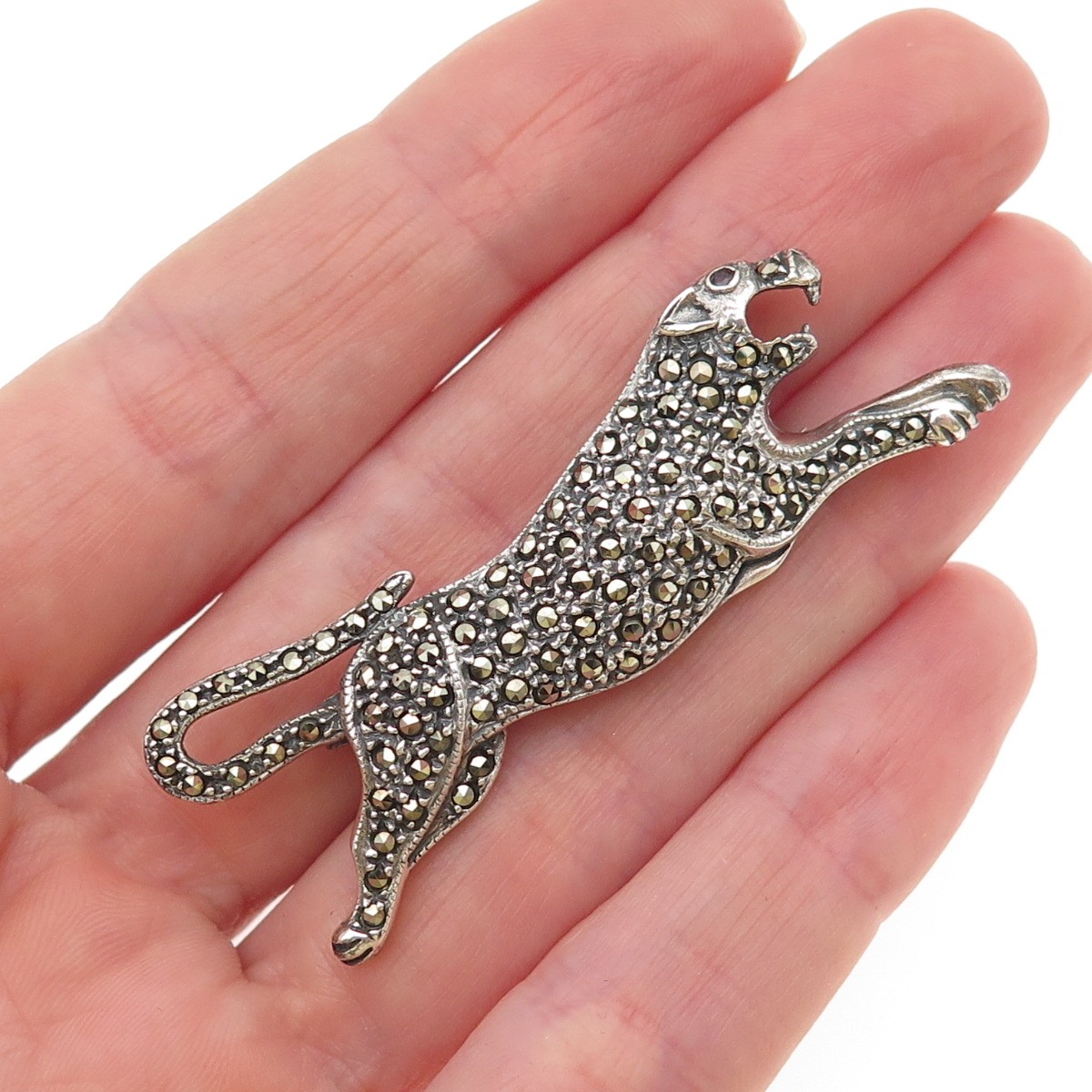 925 Sterling Silver Vintage Real Red Garnet & Marcasite Panther 