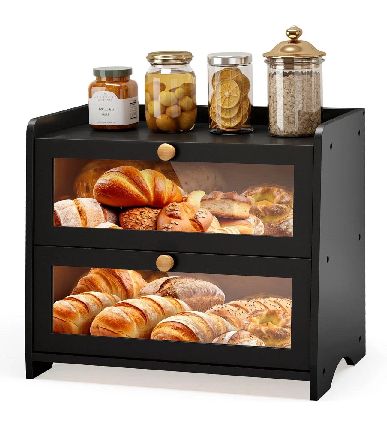 Juapniy Double Layer Bread Box Farmhouse Kitchen Counter Bread Storage Black