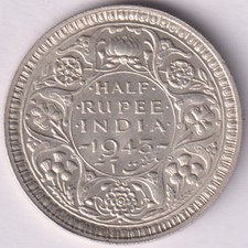 BRITISH INDIA 1943 KING GEORGE VI HALF RUPEE RARE SILVER COIN