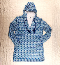 CABANA LIFE Womens XL Hooded Dress Beach Cover Up Blue print SPF 50 Coastal