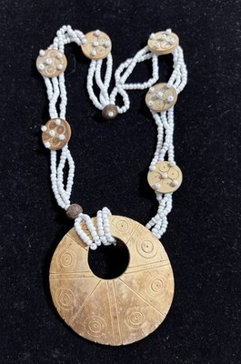 Vintage Boho  Tribal Style Wood and Bead Button Clasp Statement Necklace